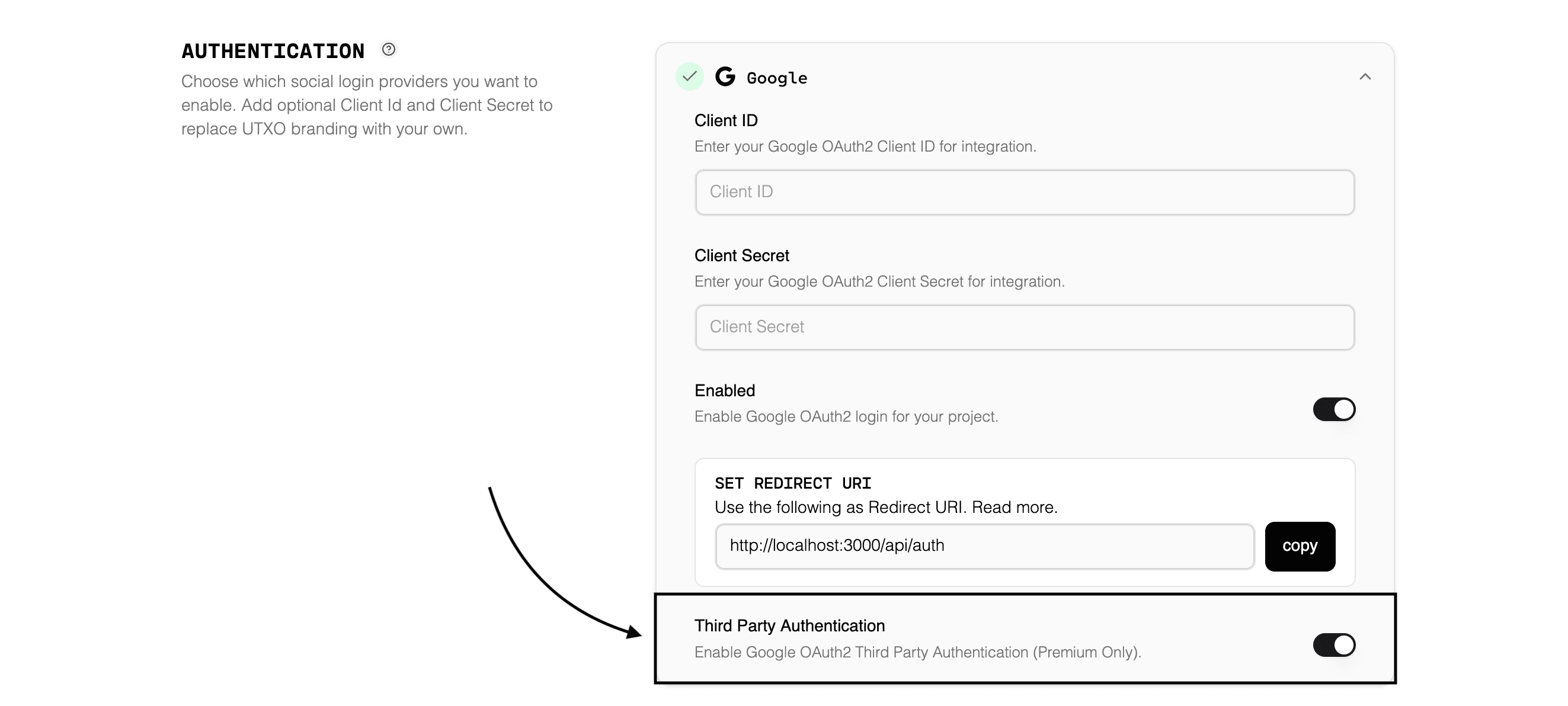 Dashboard Third Party Google Auth Example