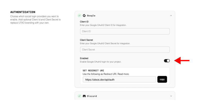 Google authentication settings in UTXOS dashboard