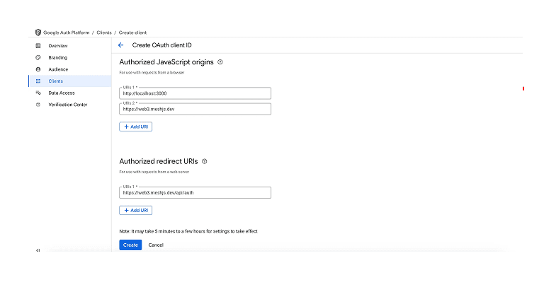 example of what the console will look like after adding the needed urls