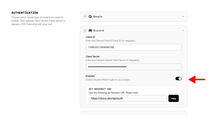 Discord authentication settings in UTXOS dashboard