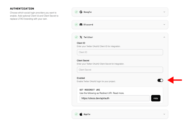 X authentication settings in UTXOS dashboard